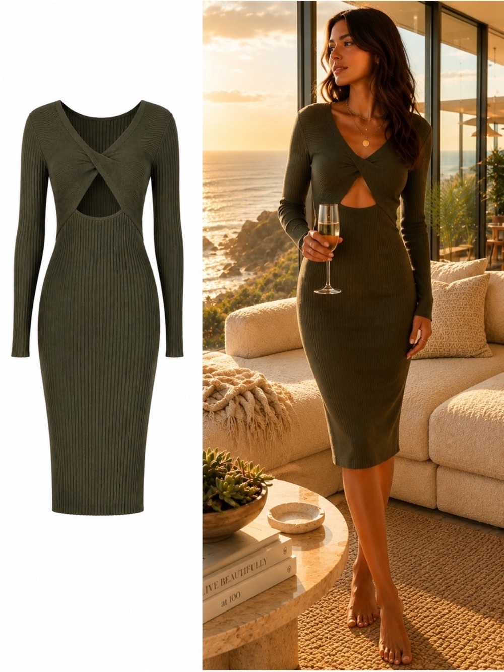 Ramy Brook Pilar Olive Ribbed Knit Twist Front Cutout Midi Dress Size Medium